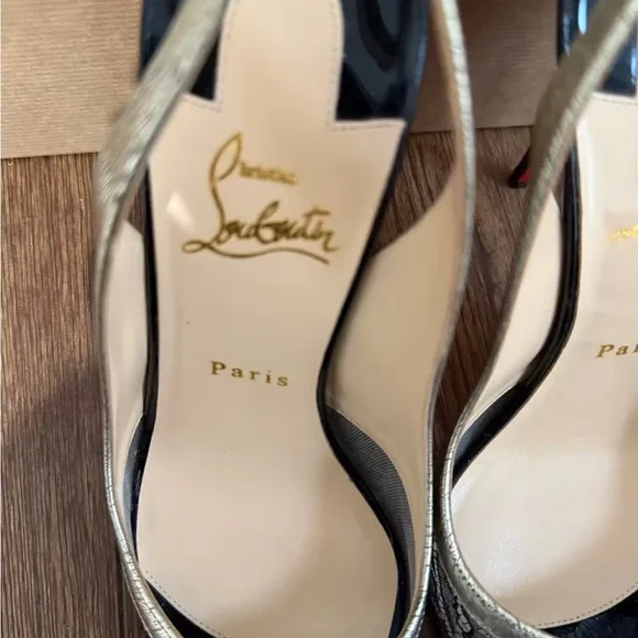 Christian Louboutin Black Lace and Metallic Gold Slingback Pumps - Picture 9 of 11